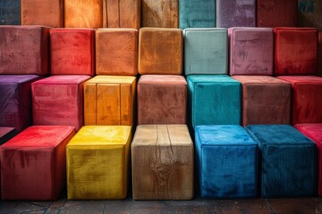 Poster - A vibrant image showing a row of textile cube seats in rich colors against a wooden wall