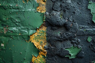 Poster - Close-up of peeling green and black paint on a rough wall texture, depicting decay and old age