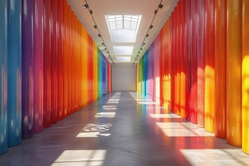Poster - Contemporary art display featuring a corridor with rainbow light columns and sunlight