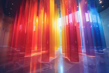 Poster - A vibrant installation featuring vertical light beams in various colors inside a room
