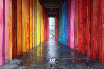 Poster - A perspective view of a long corridor with brightly painted vertical elements creating a visual delight The colors add vibrancy and depth to the image, invoking a feeling of joy and creativity