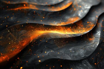 Poster - A digital artwork featuring a dark wavy texture illuminated with orange highlights and particles