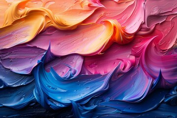 Poster - Vibrant swirls of orange, pink, and blue oil paints creating a dynamic abstract background