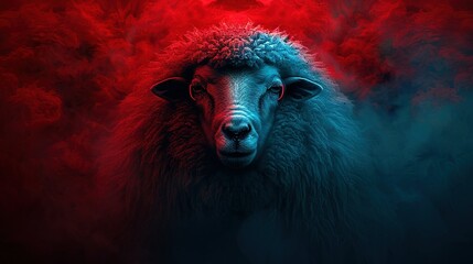 Wall Mural -   A close-up of a sheep's face with red and blue smoke emanating from its back