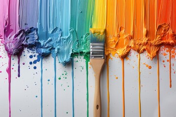 Poster - A bright and colorful image of paintbrush strokes with dripping paint in rainbow colors on a white background