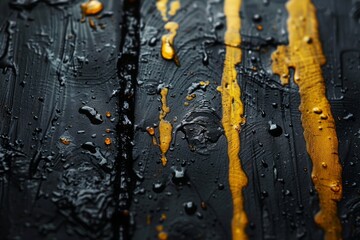 Poster - An artistic close-up of a black textured surface with yellow paint lines and water droplets, resembling street art