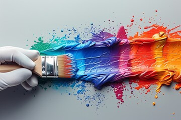 Poster - A gloved hand sweeps a paintbrush over a canvas creating a vibrant burst of rainbow colors with dynamic splatters