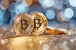 Gold bitcoins on blurred background