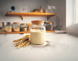 A kitchen countertop featuring a jar of sourdough starter and various seeds on a white table. Healthy fermentation process. Generative Ai.