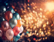 Illustration of collection of glossy balloons in various colors gleam against a backdrop of golden bokeh lights, creating a festive and elegant atmosphere. Generative Ai.
