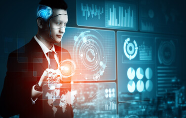 Poster - MLP 3D Rendering futuristic robot technology development, artificial intelligence AI, and machine learning concept. Global robotic bionic science research for future of human life.