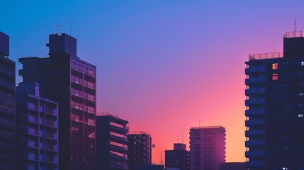 Wall Mural - Modern buildings outlined against colorful sunset sky