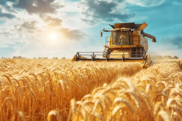 combine harvesting wheat ears on a bright summer day. Grain harvester in a vast golden wheat field