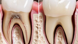Detailed before and after of root canal treatment, showing the tooth's interior health, with an educational and clinical look