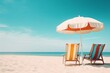 Deck chairs and beach umbrella, white ocean sand, vacation background, copy space.
