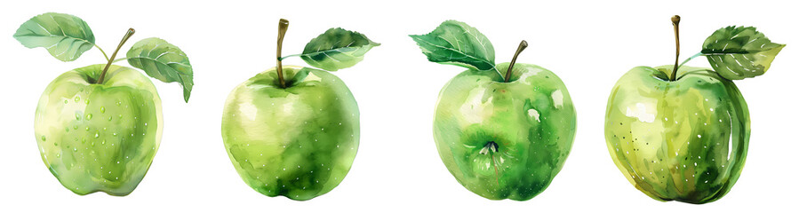 Watercolor green apple png set, collection