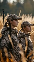 Poster - Two women in camouflage clothing stand in a field with guns