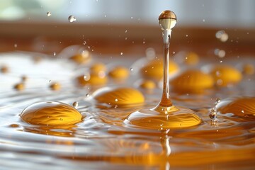 Poster - A stunning image displaying the precise moment as golden droplets impact a liquid surface, creating symmetrical peaks