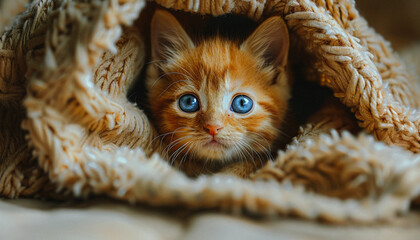 Sticker - Cute red kitten peeks out from under knitted blanket