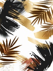 Wall Mural - A painting featuring palm leaves in golden and black hues, set against a clean white background