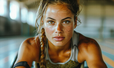 Wall Mural - Portrait of beautiful young woman with freckles resting after workout