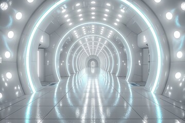 Poster - A digitally rendered corridor showcasing a futuristic design with patterned walls and sophisticated lighting effects