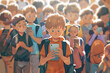 cartoon boy holding smartphone and standing in crowd of children who look at mobile phones. Concept of gadget addiction