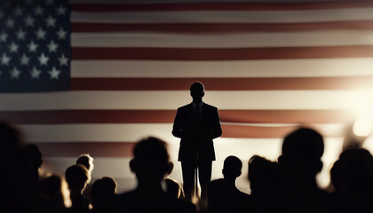 silhouette of politician giving speech in front of united states flag
