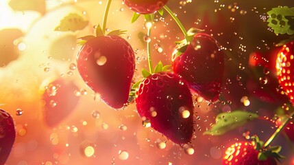 Wall Mural - Striking silhouette of levitating strawberries against a bright background