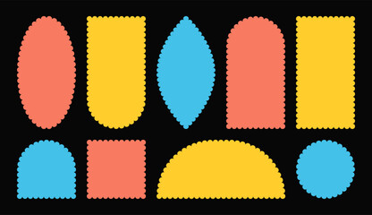 Poster - Geometric wavy border for text social media posters. Trendy retro y2k wave edge shapes. Simple Frame curved rectangle circle square set. Colorful Textbox isolated on black background