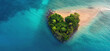 Island with green trees, shaped like heart, tropical turquoise sea around, aerial view. Generative AI