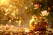 golden jar full of golden coins with flying golden lotuses around, golden bokeh akshaya tritiya