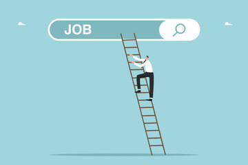 Looking for a new job or employment, career path or promotion, ladder of success, new career vacancy, looking for new opportunities and work, man climbs the ladder to the search bar with a job search.