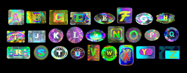 Wall Mural - Holographic sticker set with Alphabet, retro style colorful label in black background, y2k font with round and rectangle sticker shapes