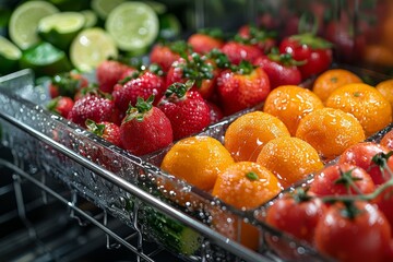 Wall Mural - Fresh strawberries and citrus fruits with water droplets on a rack, ready for washing