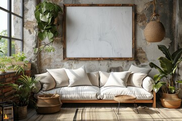 Poster - A cozy and inviting living room scene with a comfortable white sofa, plants, and a large wall canvas mockup, emanating a pleasant and homey atmosphere