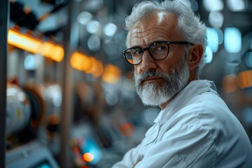 Poster - An elder male scientist in a white coat oversees operations in a high-tech laboratory setting