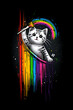design graphic of a white line art cat playing with a rainbow wand, simple, isolated on a black background - rainbow pride flag colors. 