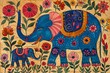 Traditional Madhubani painting in Bharni style, pink and red carnations, elephant mom with her son, Mother's Day concept
