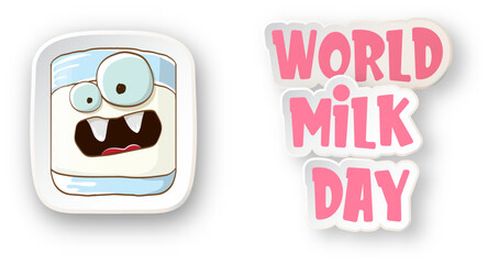 Wall Mural - World milk day poster and banner with funny cartoon cute smiling milk glass character isolated on transparent white background. Happy milk day concept illustration with kawaii milk funky character.