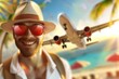Joyful Tourist With Sunglasses Smiling Under Tropical Sun with Approaching Airplane