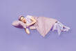 Full body side view young calm woman wear pyjamas jam sleep eye mask rest relax at home fly up hover over air fall down isolated on plain pastel light purple background. Good mood night nap concept.
