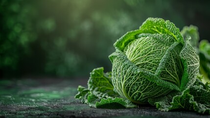 Wall Mural - cabbage, organic vegetables, savoy cabbage on green background, close up