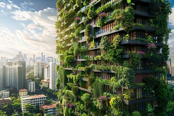 Wall Mural - ecofriendly sustainable building with lush vertical gardens in a modern city reducing co2 emissions 3d illustration