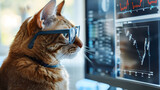 A funny domestic red cat in glasses is analyzing financial data on a computer