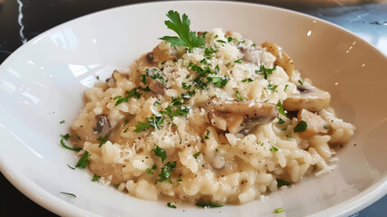 Wall Mural - Classic latvian-style mushroom risotto with a creamy finish, topped with freshly grated cheese and parsley in a white dish