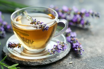 aromatic lavender tea with fresh flowers on stone background herbal drink still life