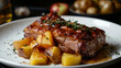 Succulent roasted pork loin with golden potatoes garnished with fresh herbs, traditional latvian cuisine on a white plate
