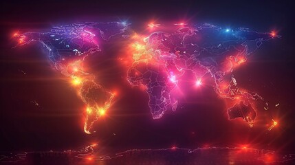 Wall Mural - World map with neon line. AI generate illustration