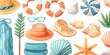 A vibrant collection of beach vacation essentials like hats, sunglasses, and seashells showcased in an inviting and colorful illustration